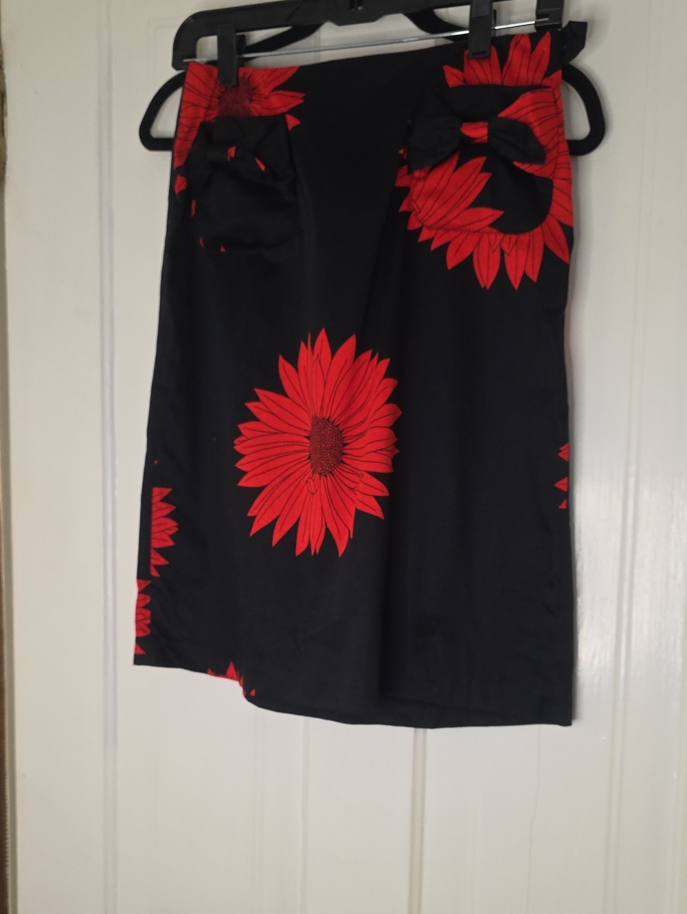 Women's Black Midi Skirt with Red Floral Accent